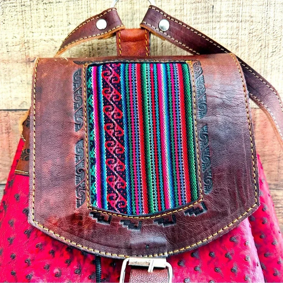 NWOT Handmade Large Huipil Guatemalan Leather Backpack - Picture 2 of 13